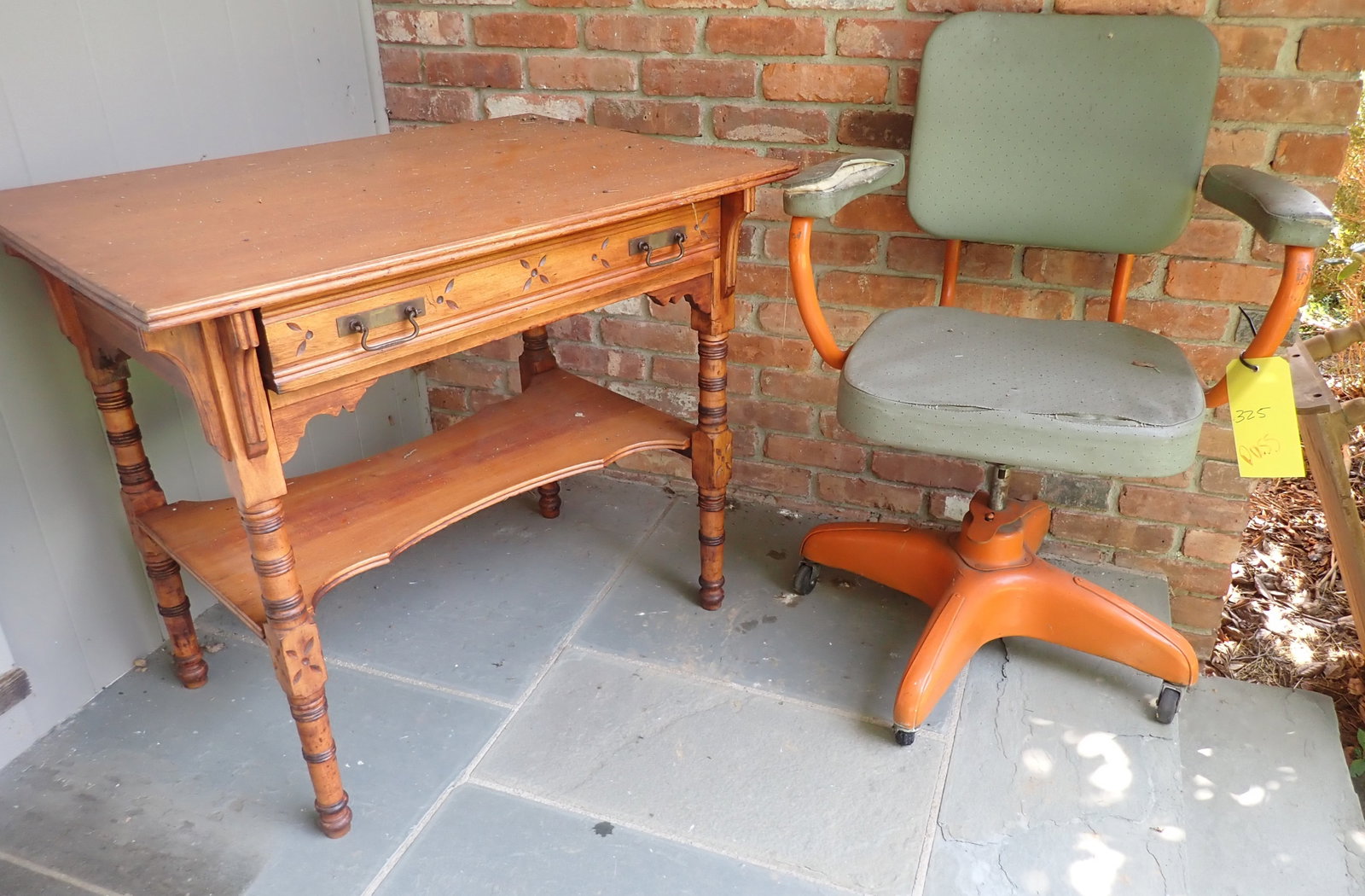 Victorian Eastlake Console Table & Desk Chair: Apprx 23 3/4" x 33 3/4" x 29" tall. Must take both. No in house shipping.