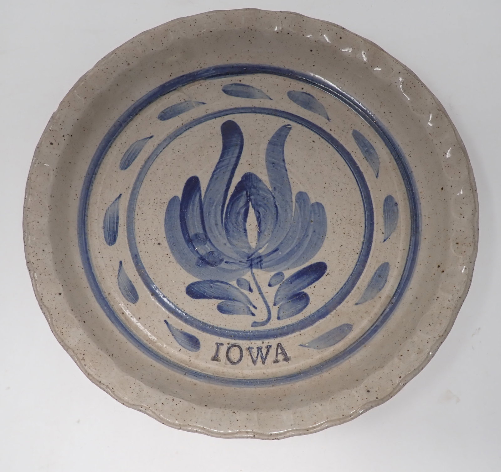 Iowa Blue Decorated Pottery Pie Plate: Apprx 10 1/2" in diameter. Shipping available
