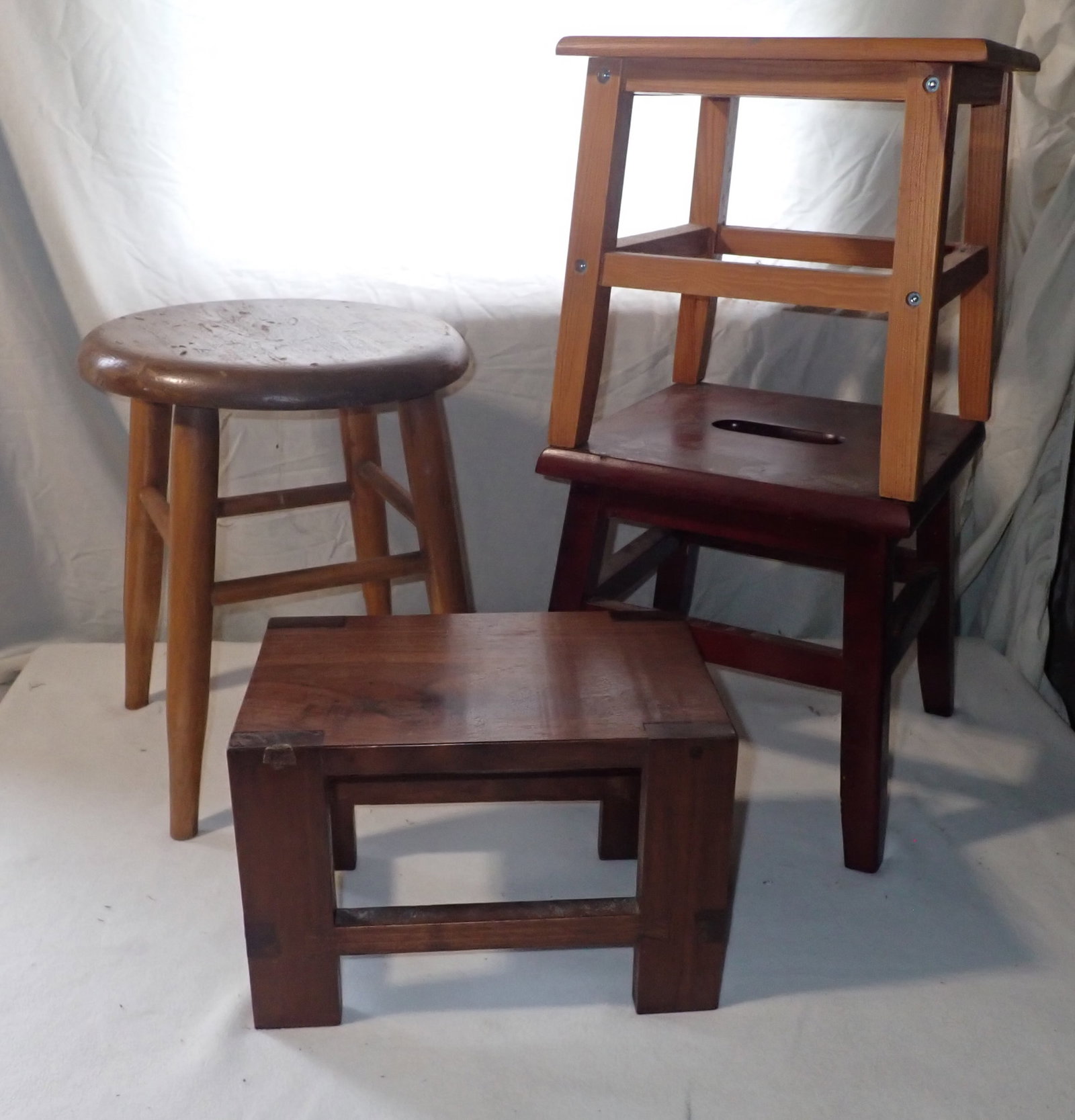 Stools incl Wm. Halsey: Back left stool is approx 12" in diameter and 15 1/2" tall. No in house shipping !