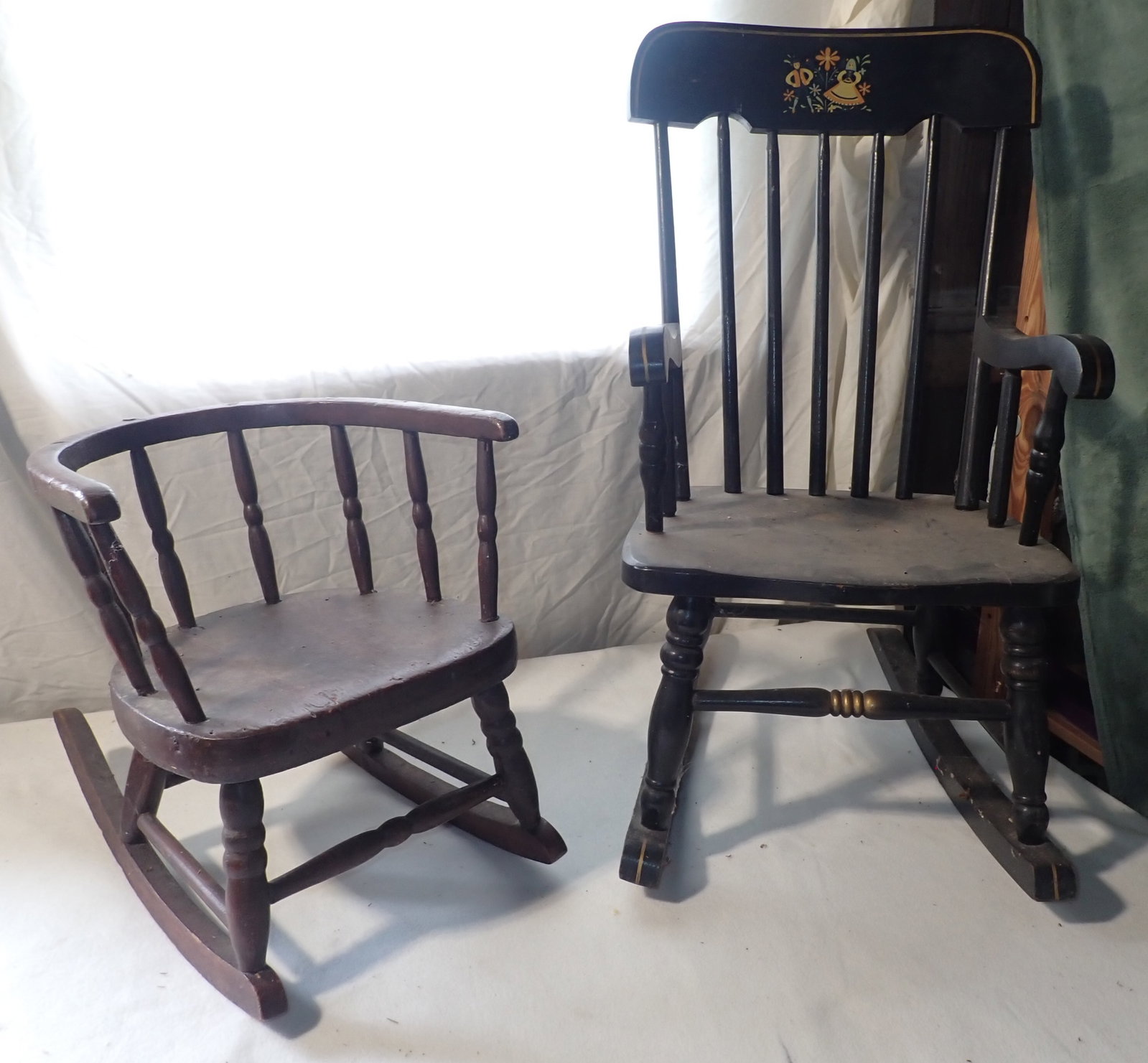 Childs Rockers: Left one is approx 13" wide, 9" to seat, 9 3/4" deep, 14 3/4" tall. No in house shipping !
