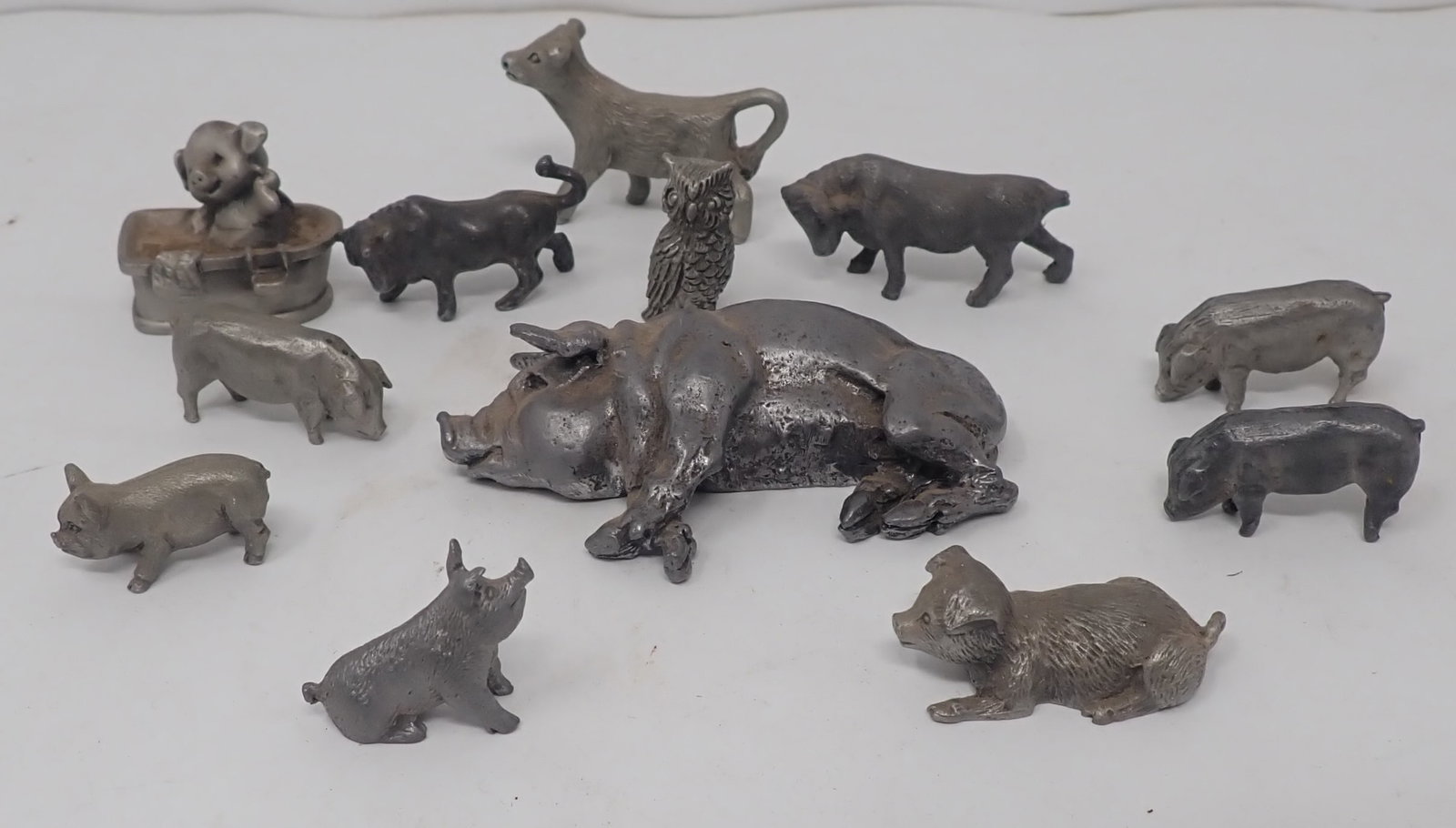 Pewter Pigs, Cows, & Owl: Largest is apprx 3" long. Shipping available
