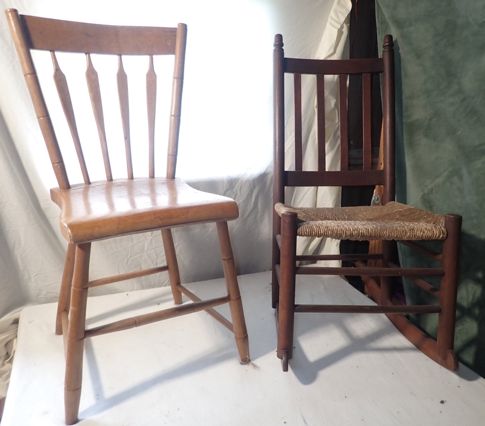 Primitive Farmhouse Side Chair & Rocker: Side chair is approx 14 1/4" wide, 16 3/4" to seat, 12 3/4" deep, 32 1/2" tall. No in house shipping !