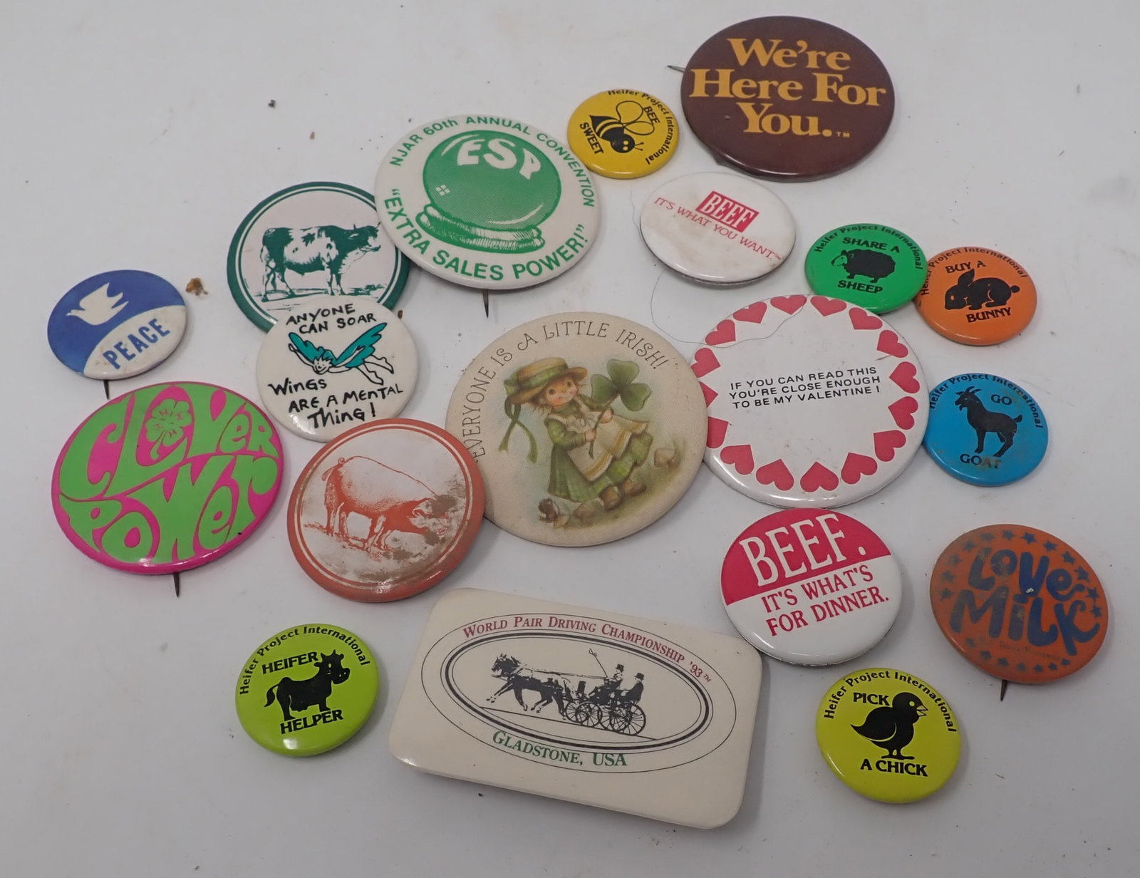 Pinbacks: Largest is 2 1/4" in diameter.