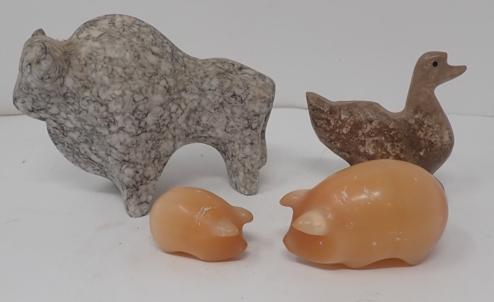 Marble Bull & Duck , Carved Stone Pigs: Largest is approx 5" long and 3 7/8" tall. Shipping available