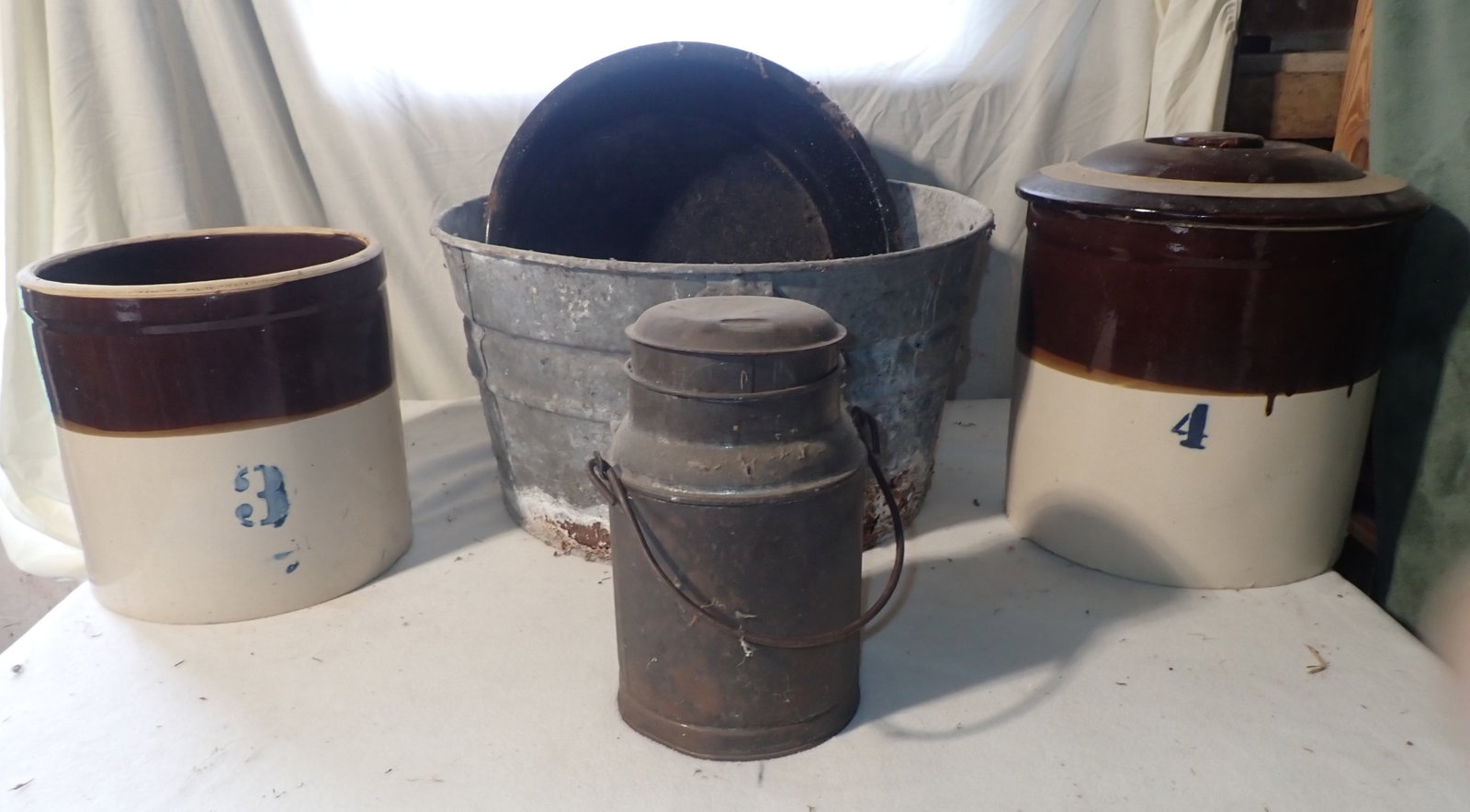 Stoneware Crocks, Galvanized Tub, Agateware, & Cream Can: Largest crock is approx 11 3/8" in diameter and 11 3/4" tall. No in house shipping !
