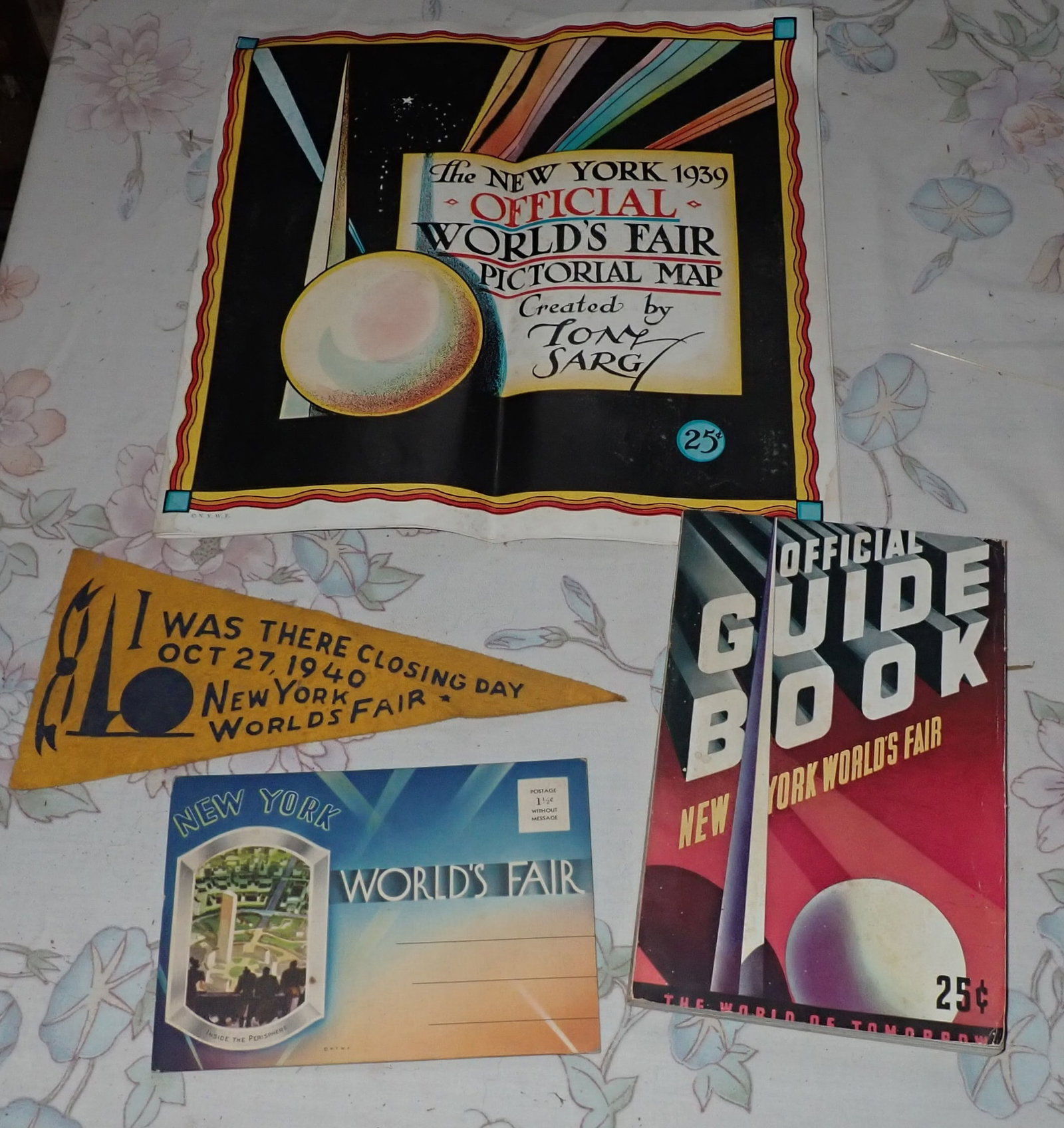 1939-40 New York Worlds Fair Map, Pennant, Guide Book, Postcards: Shipping available