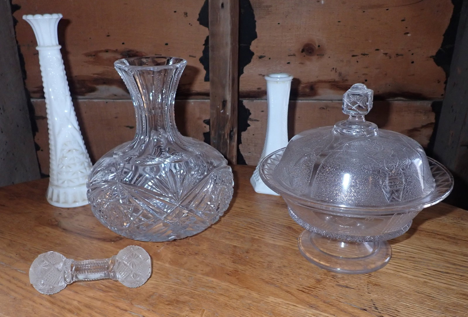 Crystal Decanter, Depression Covered Candy Dish, Knife Rest: Decanter is approx 7 1/2" tall. Shipping available ($20 handling charge, plus postage)