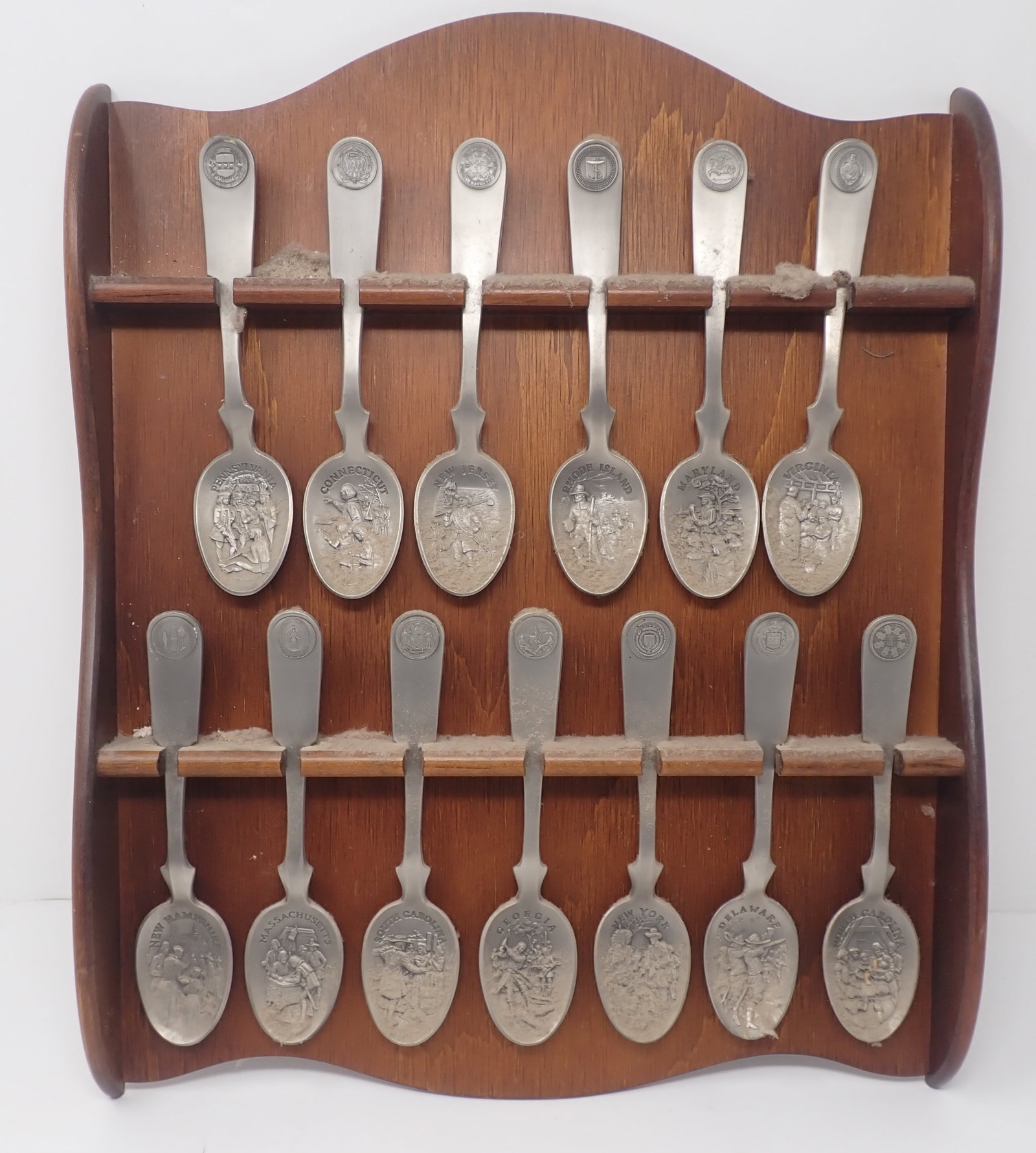 Pewter State Souvenir Spoons w/ Rack: Approx 6 1/2" long. Shipping available