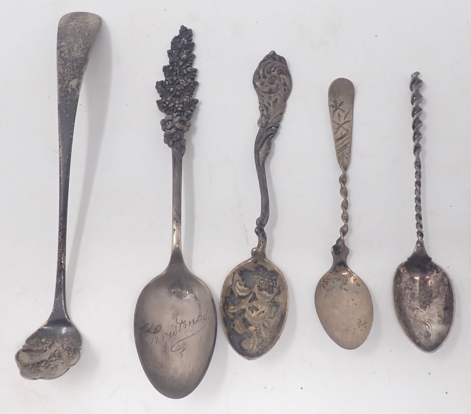 Sterling Silver Demitasse, Christmas Souvenir, & Art Nouveau Spoons: Longest is apprx 5 1/4". Total weight is approx 50.4 grams. Shipping available