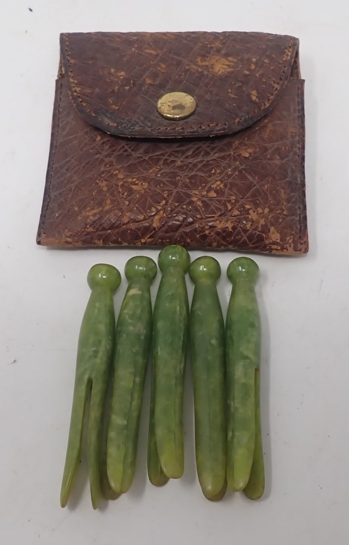 Green Bakelite Clothes Pins in Leather Ostrich Case (1 of 4)