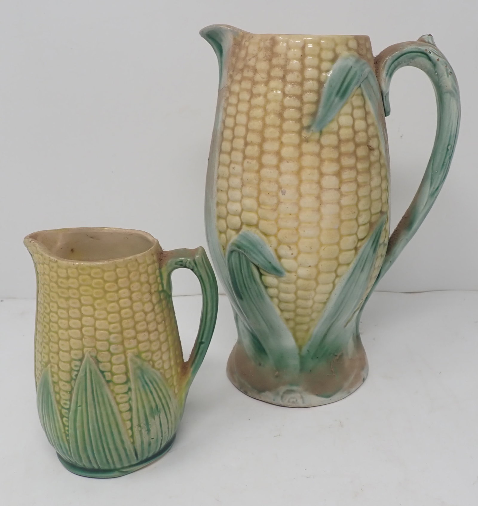 Majolica Corn Pitcher & Creamer: Tallest is approx 8 1/2" tall. Shipping available