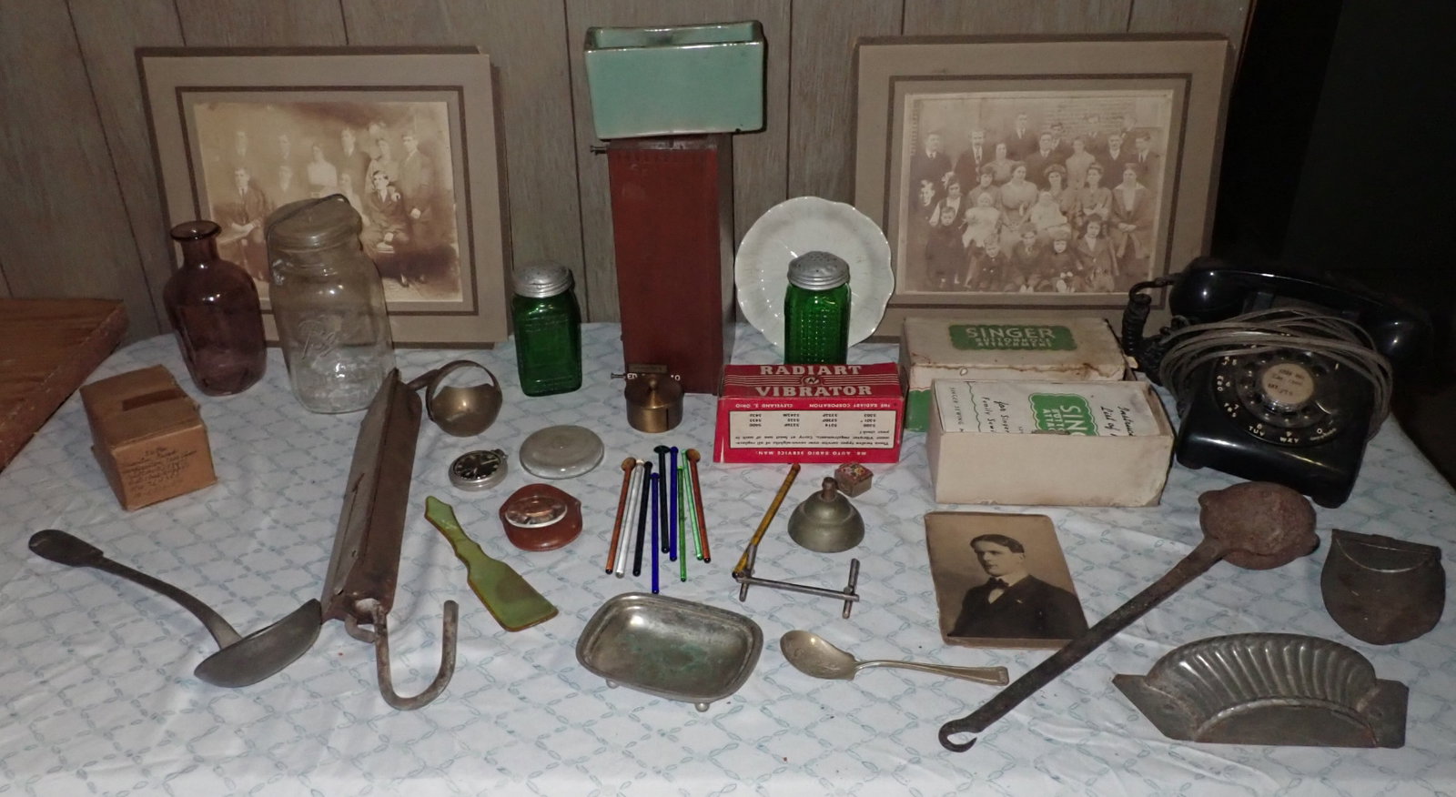Scale, Ladles, Telephone, Bell, Misc: Large Photos are apprx 11 1/2" x 13 1/2". No in house shipping ! Buyer to remove from basement.
