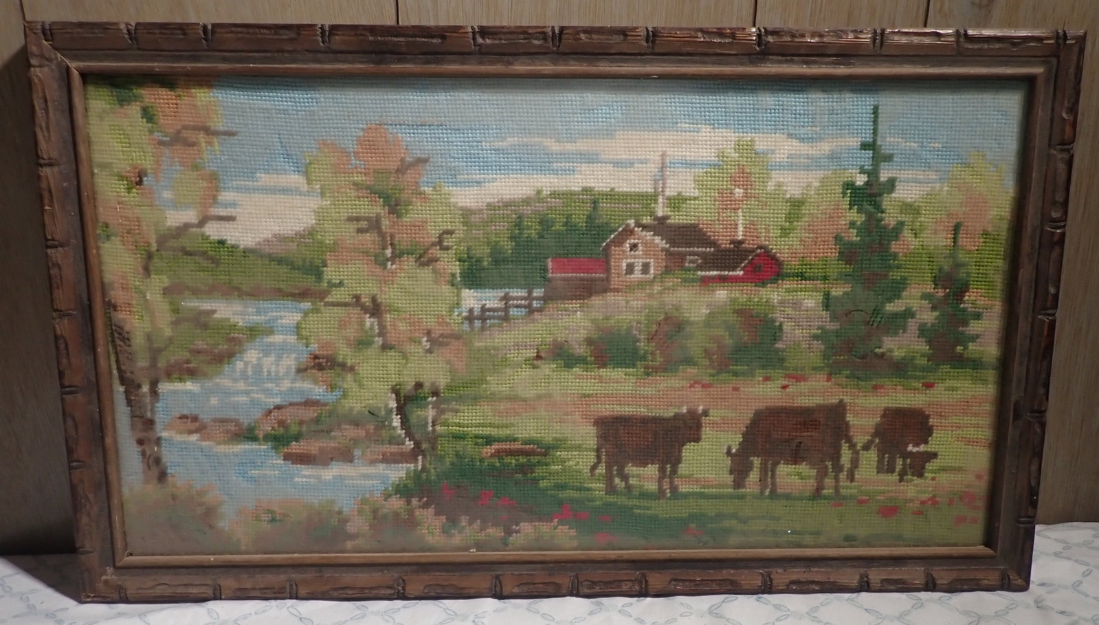 Cow Farm Needlepoint: Approx 13" x 22 5/8". Shipping available ($25 handling charge, plus postage)