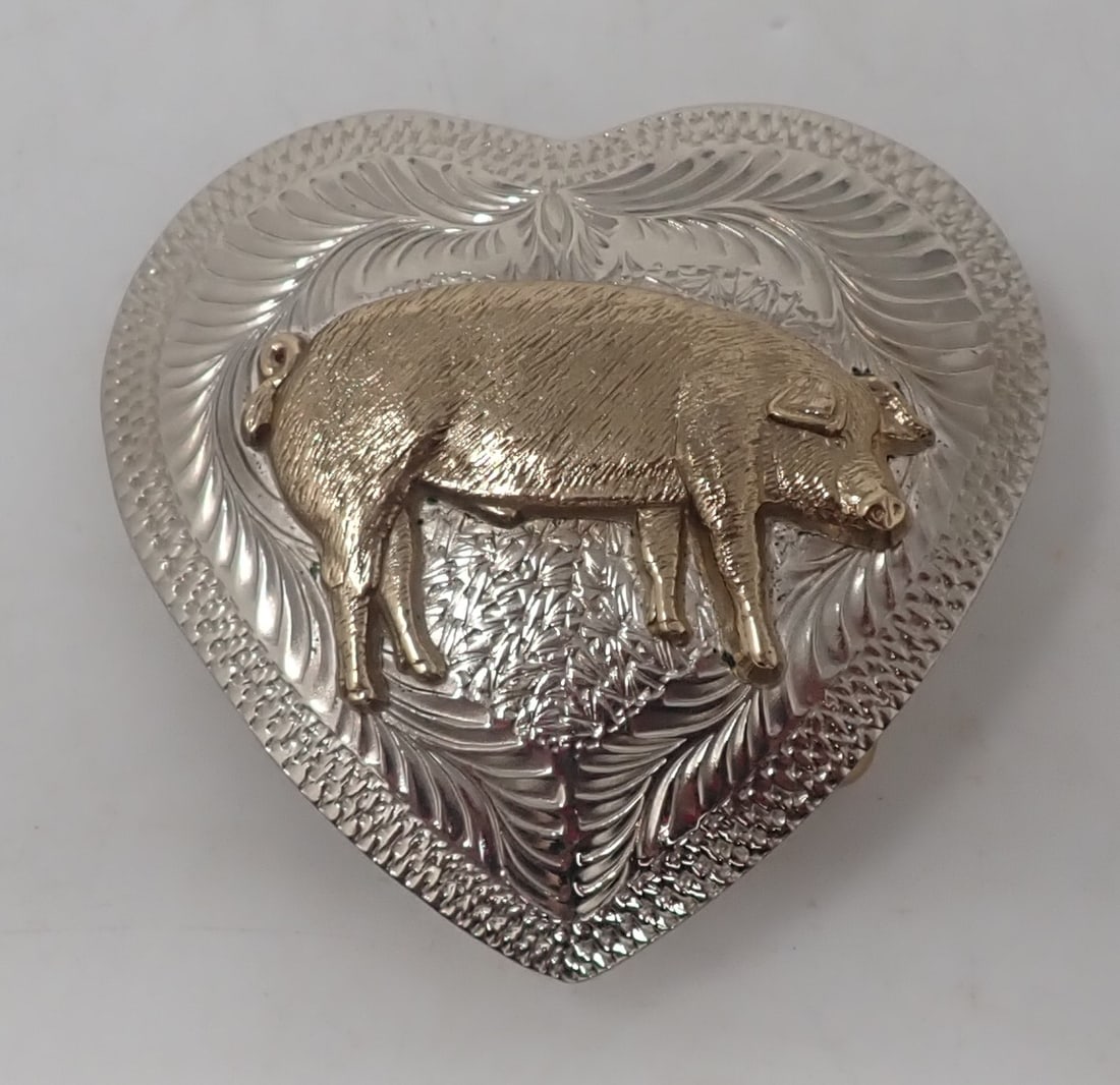Ward Hog in Heart Belt Buckle: Approx 2 1/2" x 2 1/2". Shipping available