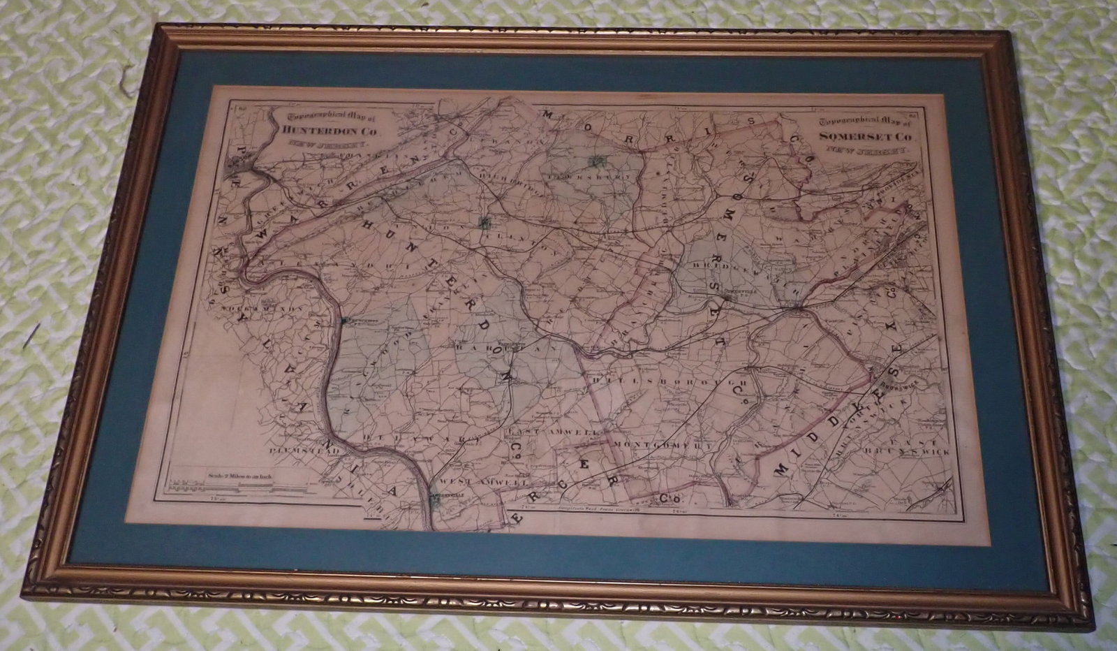 Framed Hunterdon & Somerset County Map: Apprx 19 3/4" x 28 3/4". Shipping available ($35 handling charge, plus postage)