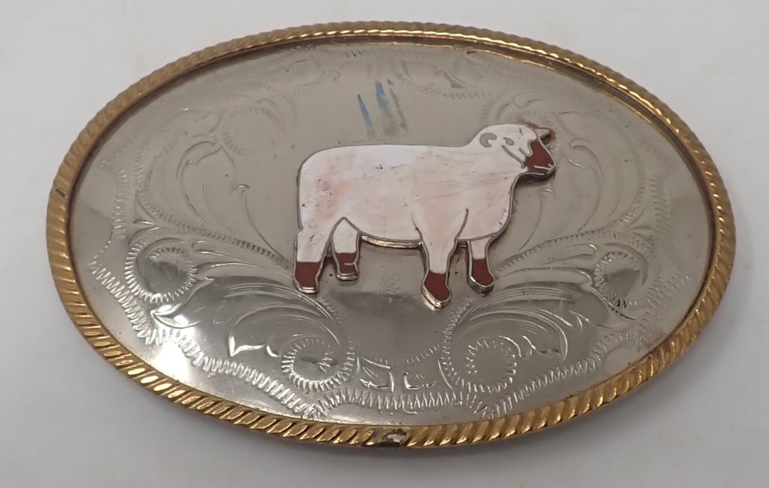 German Silver Sheep Belt Buckle: Approx 3" x 3 7/8". Shipping available