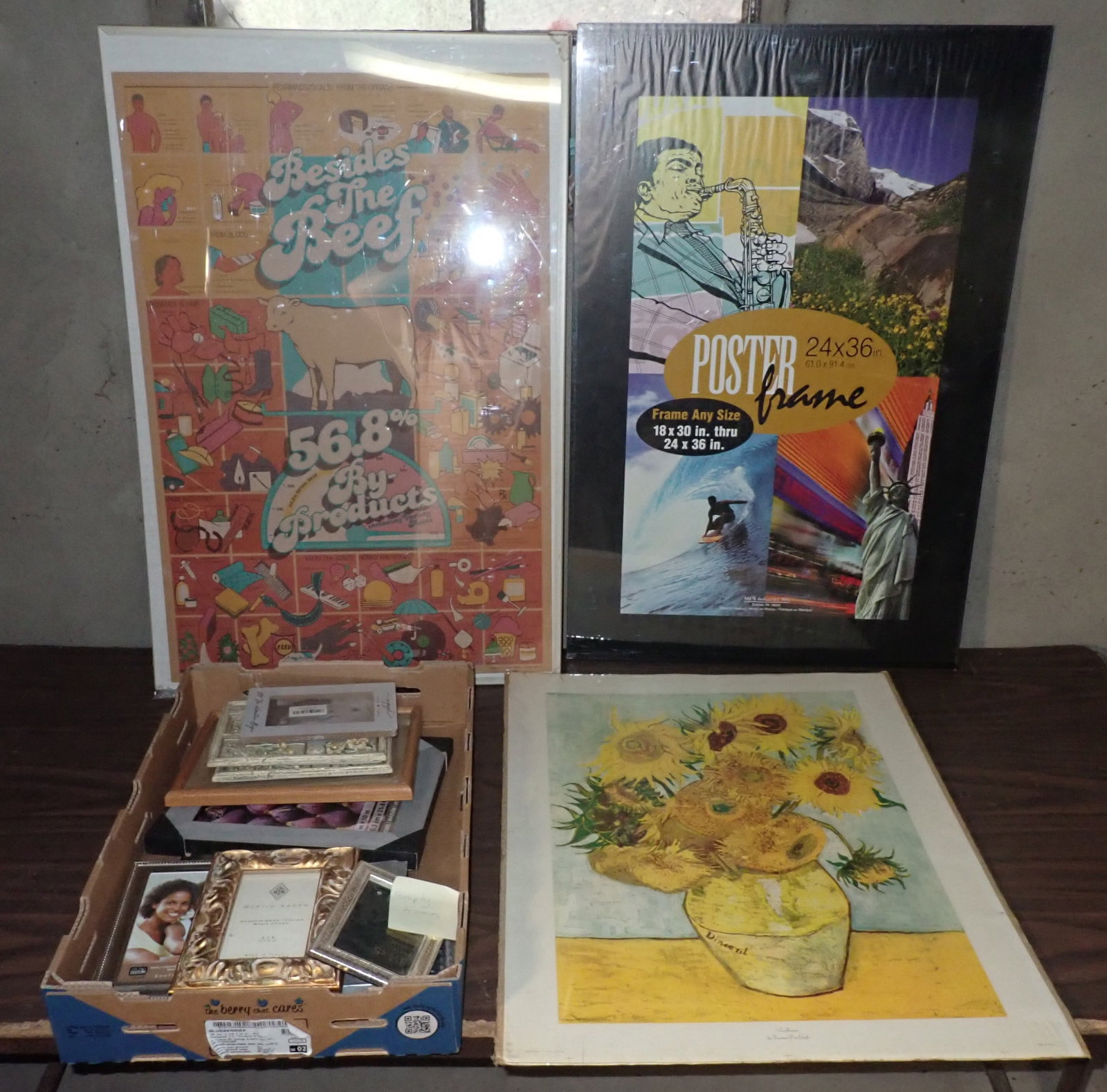 1962 VanGogh Print, Cow Poster, Picture Frames: Cow poster is approx 22 1/2" x 33 1/2". No in house shipping ! Buyer to remove from basement