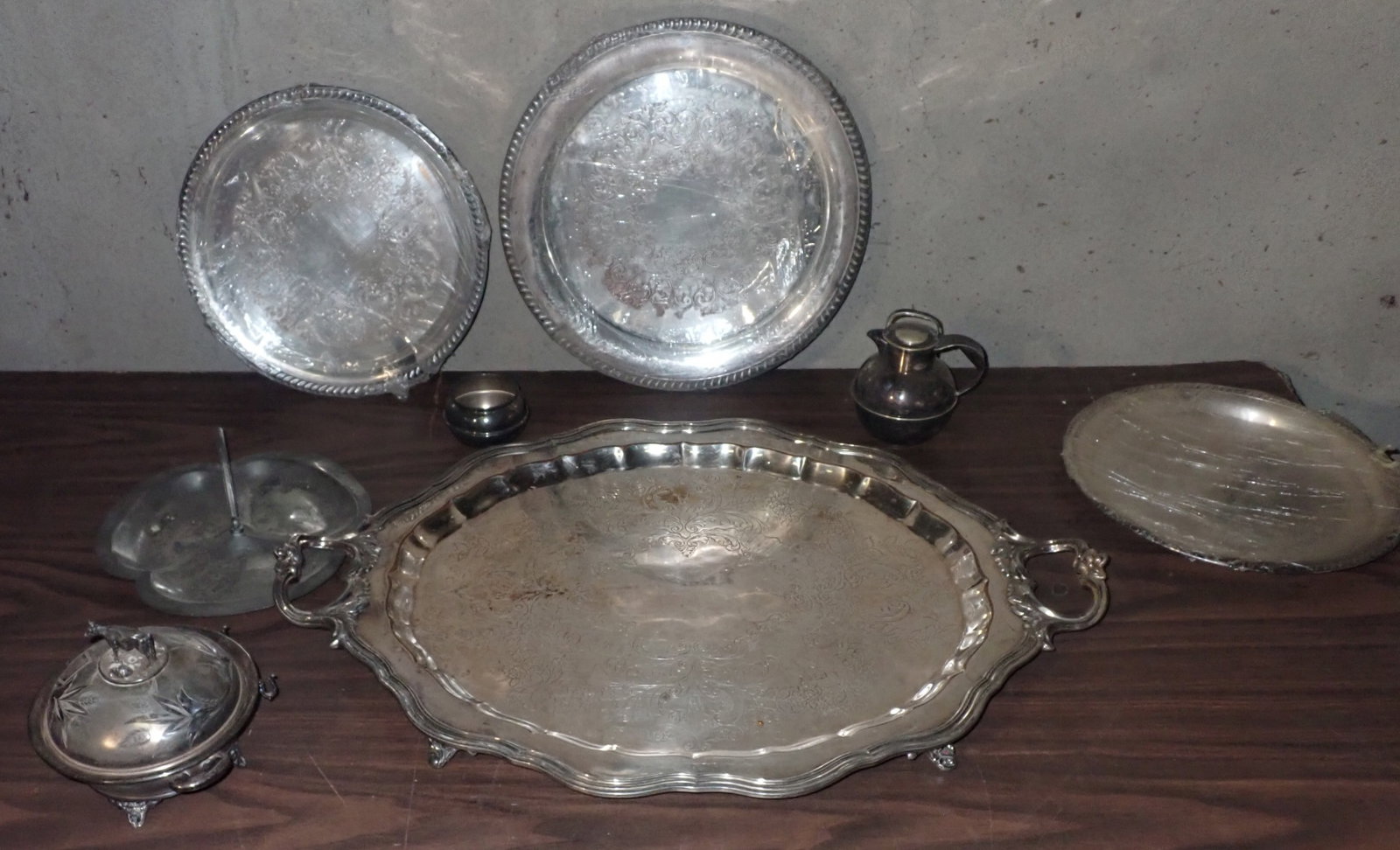 Silverplate Trays & Misc: Largest is apprx 19" x 27". No in house shipping ! Buyer to remove from basement