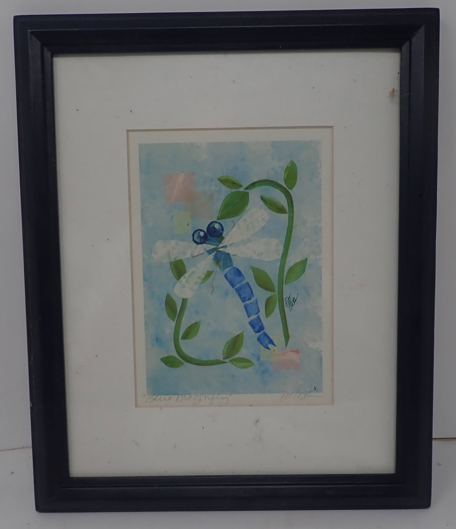 Signed Blue Dragonfly Watercolor: Apprx 9 1/4" x 11 1/8". Shipping available
