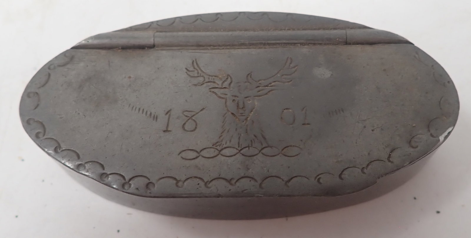 1801 Pewter Snuff Box Inscribed w/ Stag: Apprx 1 1/2" x 3" x 3/4" tall. Shipping available