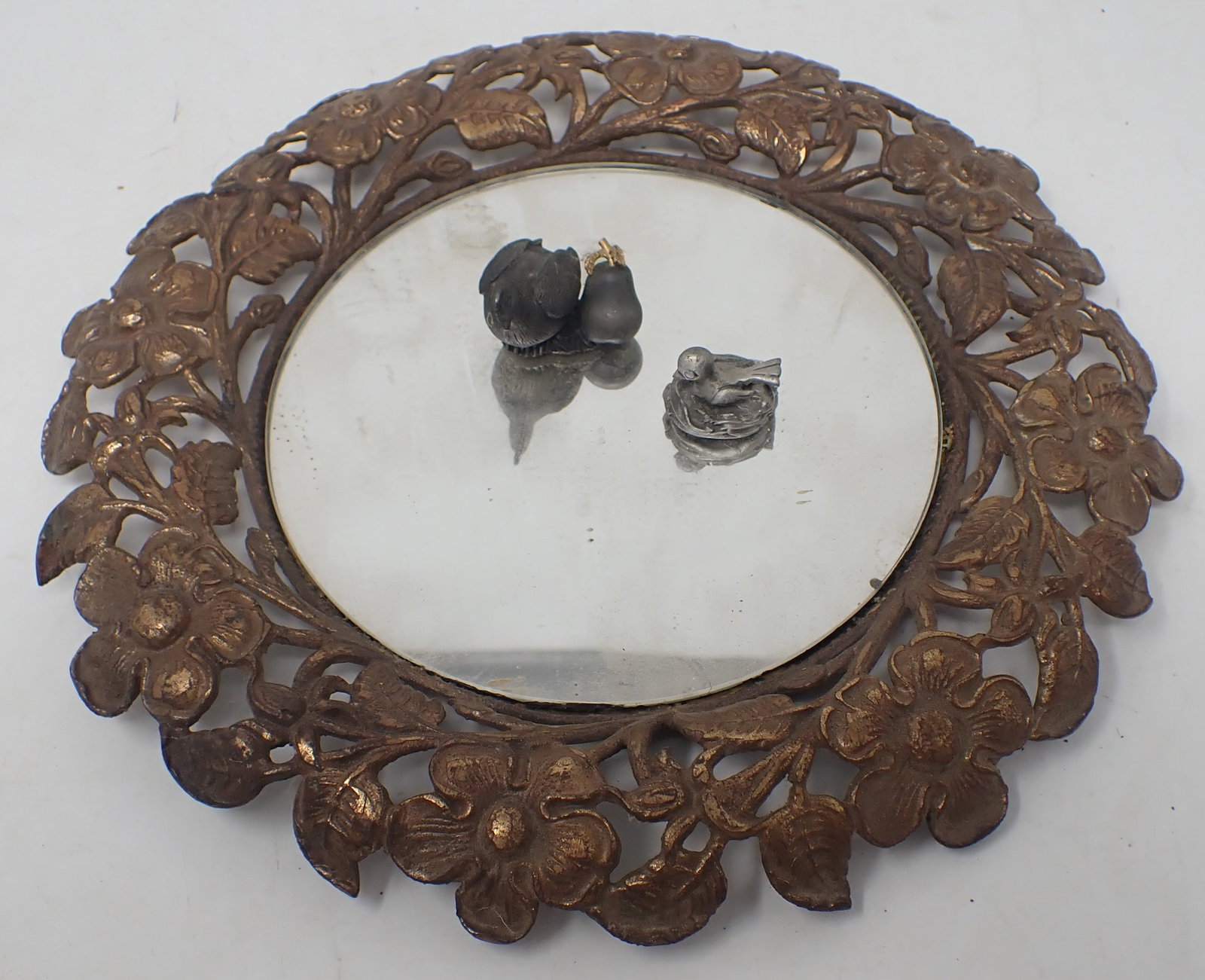 Mirrored Floral Vanity Tray w/ Pewter Birds: Tray is apprx 8 3/4" in diameter. Shipping available