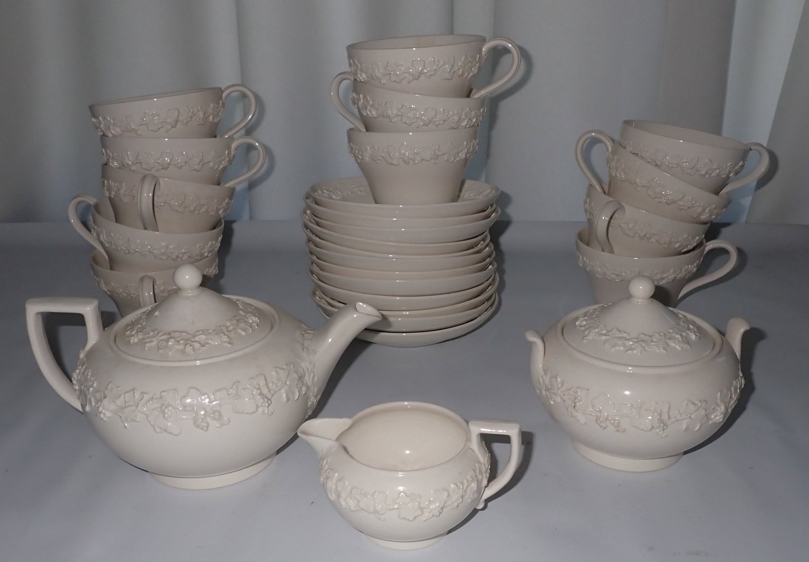 27pcs Wedgwood Embossed Queens Ware Tea Set: Teapot is approx 5" in diameter and 4 3/4" tall. No in house shipping !