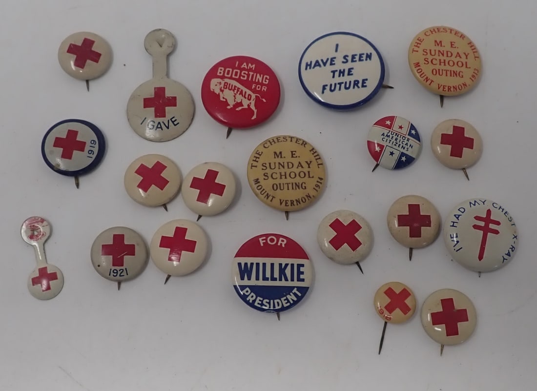 Red Cross Willkie Political & Misc Pinbacks: Largest is apprx 1" in diameter. Shipping available