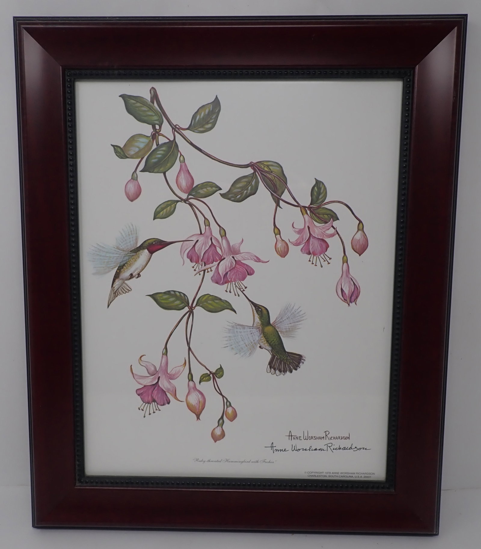 Anne Worsham Richardson Signed Hummingbird Print: Approx 14 1/2" x 17 1/4". Shipping available ($25 handling charge, plus postage)