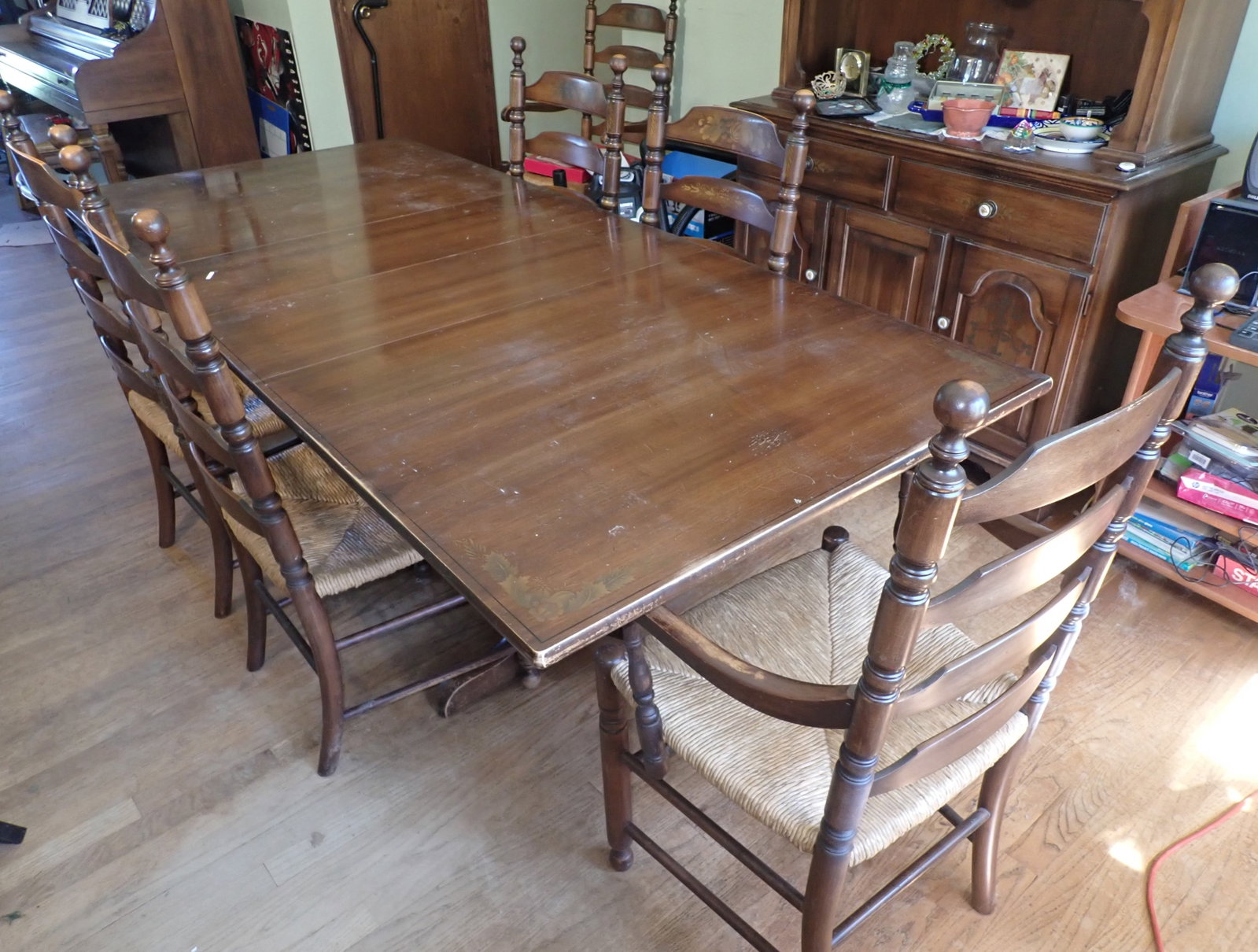 Stenciled Dining Room Table & 6 Ladderback Chairs w/ Rush Seats (1 of 12)