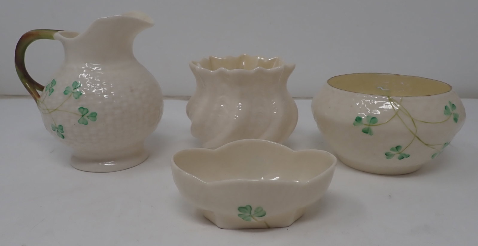 Belleek Creamer, Sugar, Dish, & Vase: Creamer is approx 3 7/8" tall. Shipping available