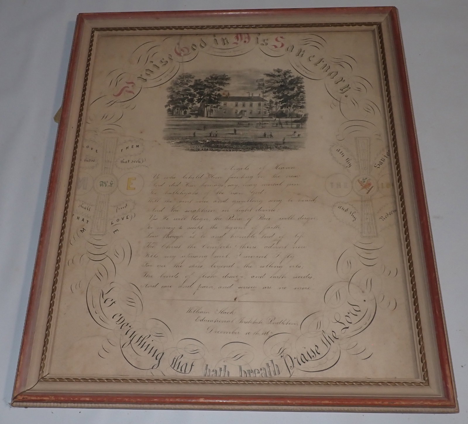 1867 Educational Institute Pendleton Religious Script: Apprx 16" x 19". Shipping available ($25 handling charge, plus postage)