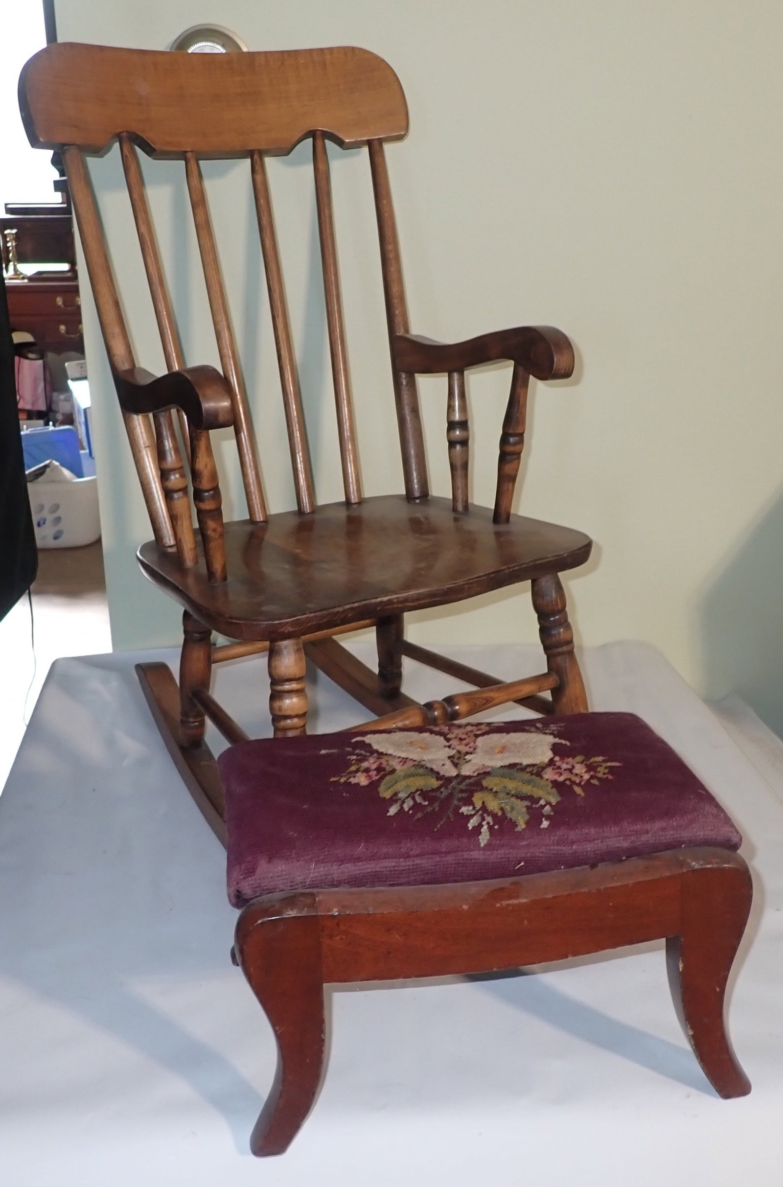 Childs Rocker & Needlepoint Foot Stool: Stool is apprx 9" x 13" x 8 1/2" tall. No in house shipping !