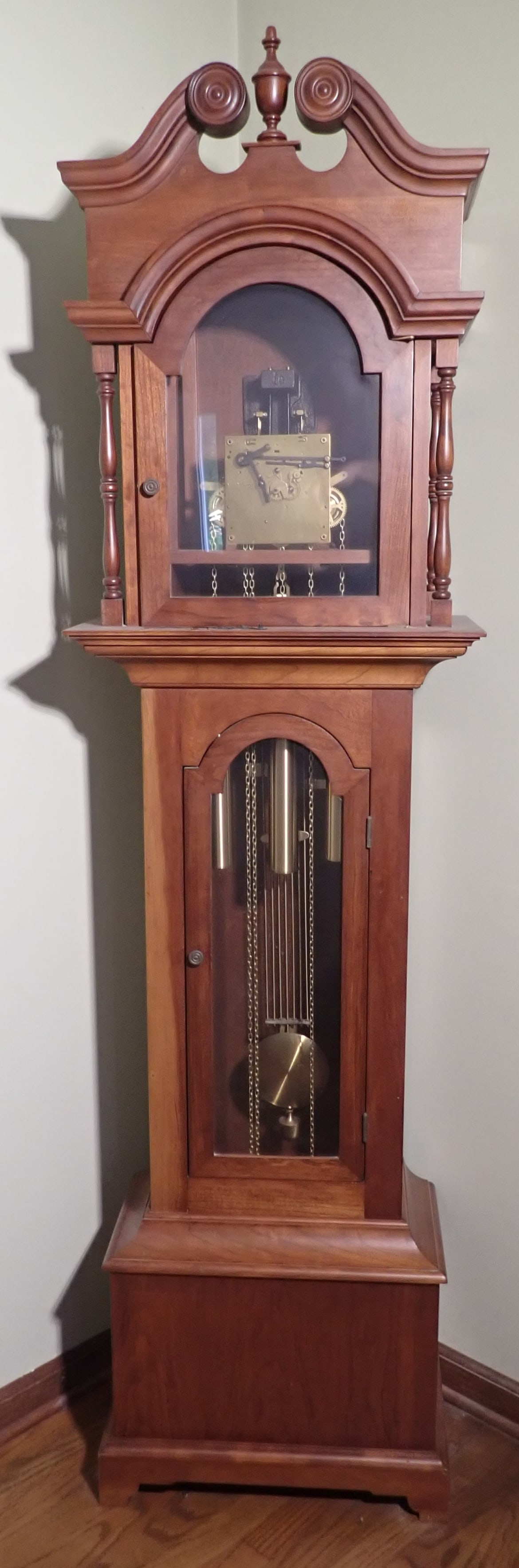 Grandmother Clock: Approx 10 1/2" x 19 1/4" x 74" tall. No in house shipping ! Bring proper help to remove !