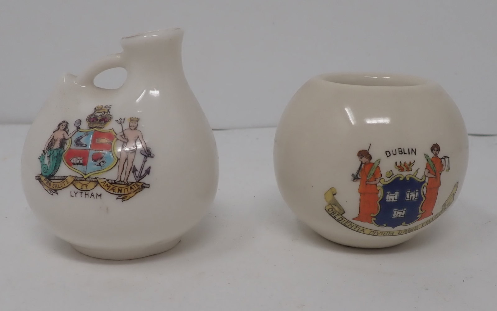 Crested Porcelain Coat of Arms Match Holder & Mini Urn: Tallest is apprx 2 5/8" tall. Shipping available
