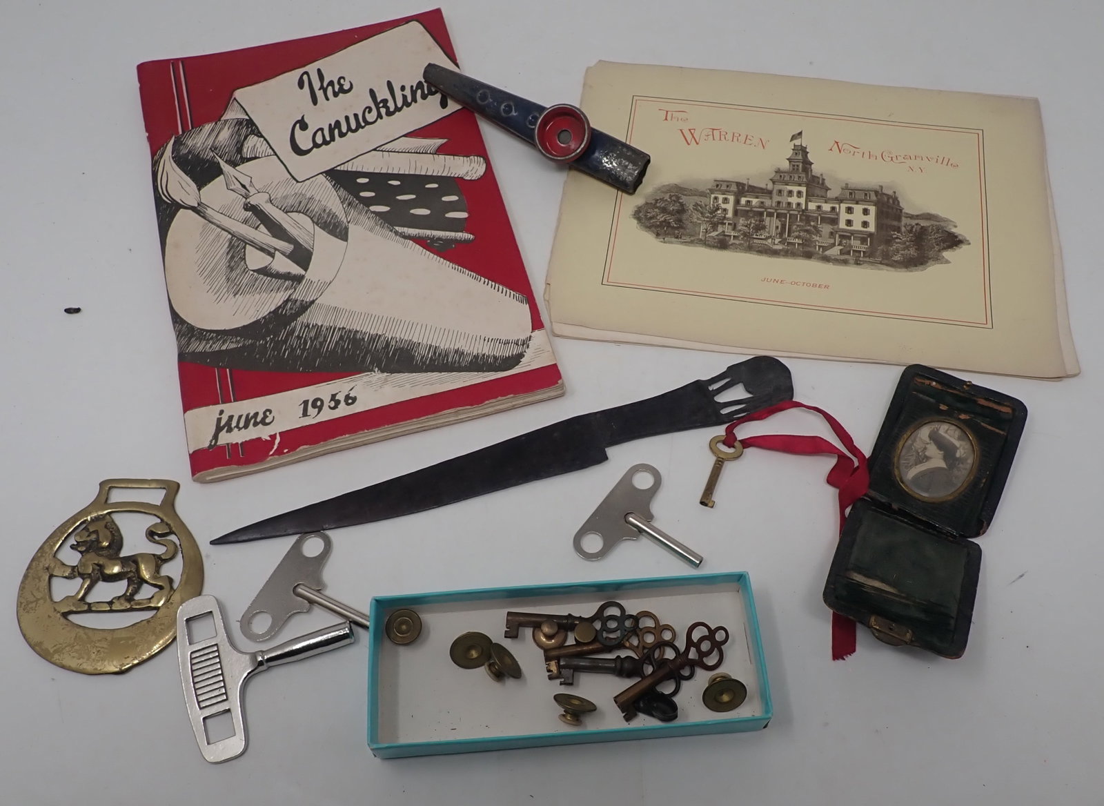 Clock / Skeleton Keys, Wood Elephant Letter Opener, Brass Harness Medallion: Shipping available