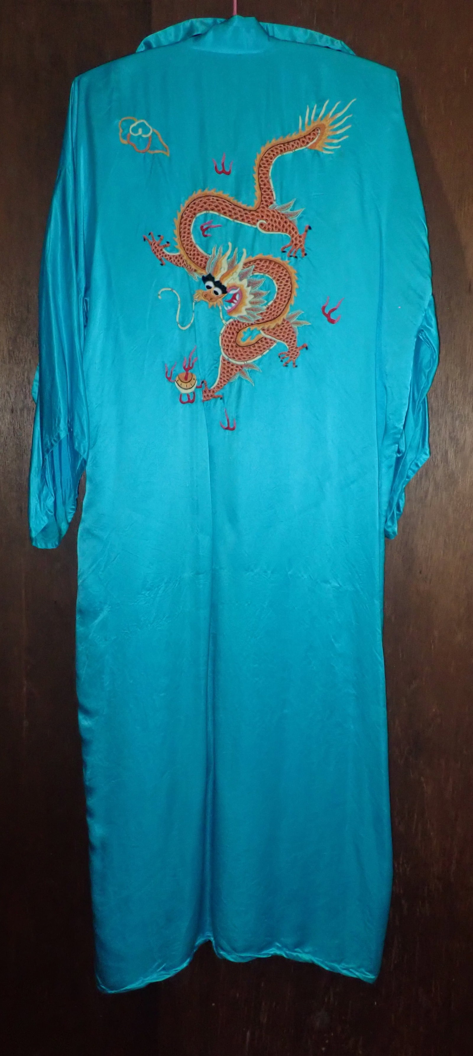 Turquoise Chinese Satin Kimono Robe: Shipping available