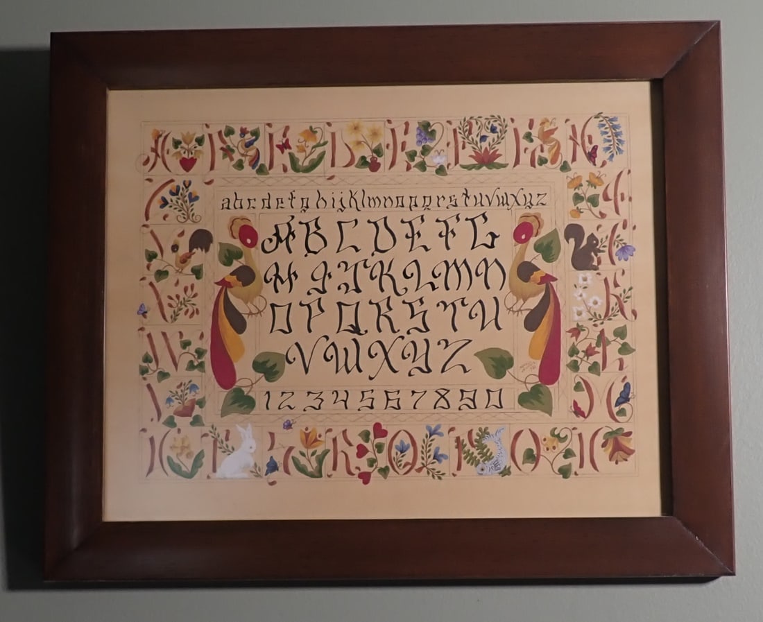 1982 Meryl Griffith Fraktur Art Signed: Apprx 13 1/2" x 16 1/2". Shipping available