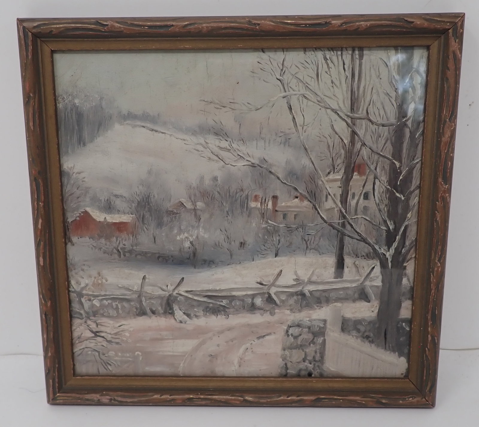Brooksvale Winter Farm Scene Oil Painting: Approx 7" x 7 3/8". Shipping available