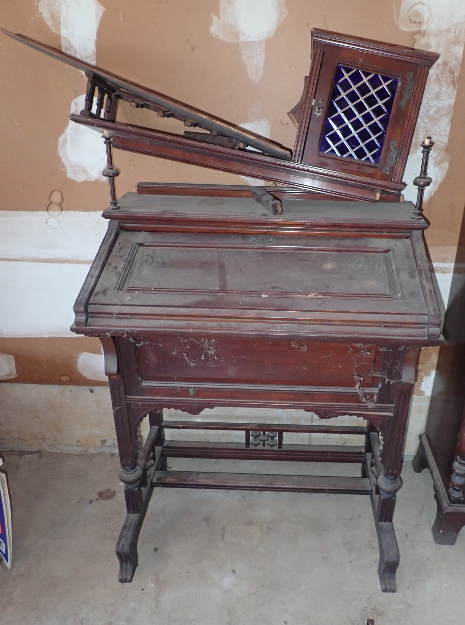 Ladies Victorian Writing Desk: Apprx 17 1/4" x 27 7/8" x 34 1/4" tall ( before the tier starts). No in house shipping !