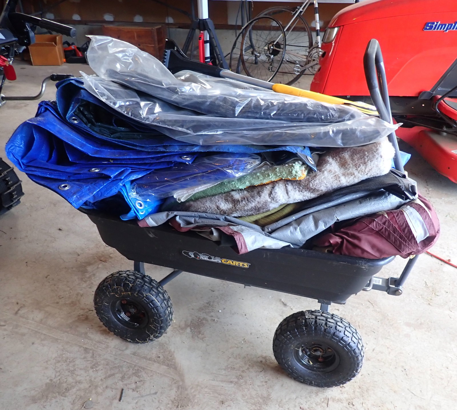 Gorilla Cart Wagon, Tarps, Car Mats, Ice Scraper: Wagon body is approx 19" x 33". Includes all items in it. No in house shipping !