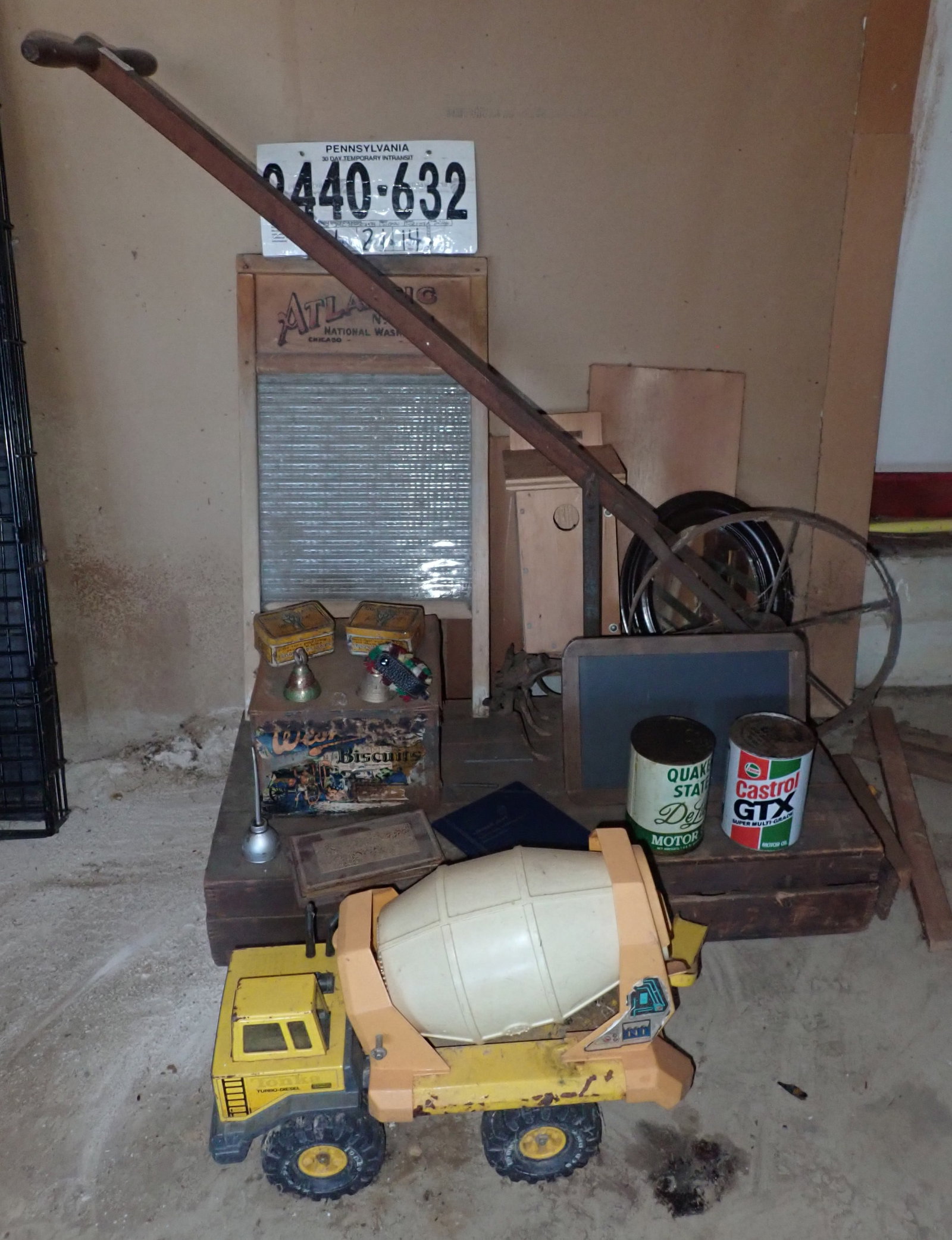 Washboard, Cultivator, Chalkboard, Birdhouse: In the wooden box under everything is a croquet set , with a mouse nest in it . No in house shipping ! Take what you want and leave the rest. No in house shipping !