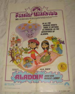 Aladdin and His Magic Lamp Poster Family Matinee: This is approx. 27 1/4" x 41" In nice condition with creases from being folded when stored. Copyright 1975 by Paramount Pictures 75/56