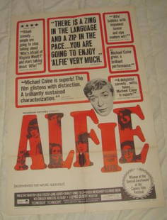 ALFIE MICHAEL CAINE MOVIE POSTER: This is approx. 27 1/4" x 41" In nice condition with creases from being folded when stored. Has a small hole in the "F" of Alfie and a couple small tears on edges. Copyright 1966 by Sheldrake Films