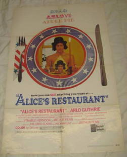 ALICE'S RESTAURANT ARLO GUTHRIE MOVIE POSTER: This is approx. 27 1/4" x 41" Has creases from being folded when stored. Copyright 1969 by United Artists 69/297 . Has a couple small stains on edges.