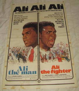 MUHAMMAD ALI MOVIE POSTER THE MAN THE FIGHTER: This is approx. 27 1/4" x 41" Has creases from being folded when stored. Stainging throughout, tears around the edges, a hole in his head on the right side.