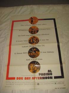 DOG DAY AFTERNOON AL PACINO MOVIE POSTER: This is approx. 27" x 41" Has creases from being folded when stored. Has small hole on bottom right in black trim. Copyright 1975 by Warner Bros. 75/189