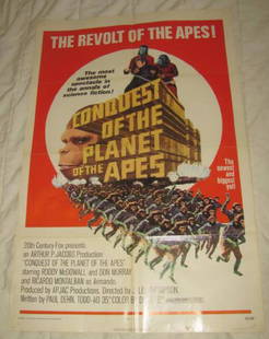 CONQUEST OF THE PLANET OF THE APES POSTER: This is approx. 27" x 41" Has creases from being folded when stored. Has small hole on bottom edge. Copyright 1972 Twentieth Century Fox