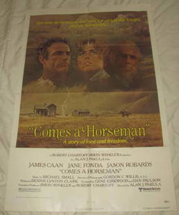COMES A HORSEMAN JANE FONDA POSTER: This Movie Poster is approx. 27" x 41" Has creases from being folded when stored. Has a wear thru spot in crease in the middle of her head. Copyright United Artists.