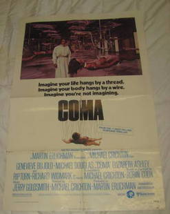 COMA MICHAEL DOUGLAS MOVIE POSTER: This Movie Poster is approx. 27" x 41" Has creases from being folded when stored. Has a hole on the "M" in Coma where the crease is. Couple very small tears on edge. Copyright 1978 by Metro