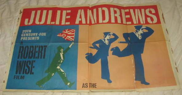 JULIE ANDREWS ROBERT WISE FILM POSTER: This Movie Poster is approx. 28 1/2" x 45 1/2". This has creases from being folded when stored. Also has wear thru spots ( holes) in creases and tears in the creases.